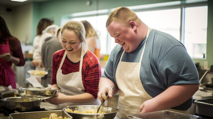 Delicious dishes: person with Down syndrome radiates joy and laughter.