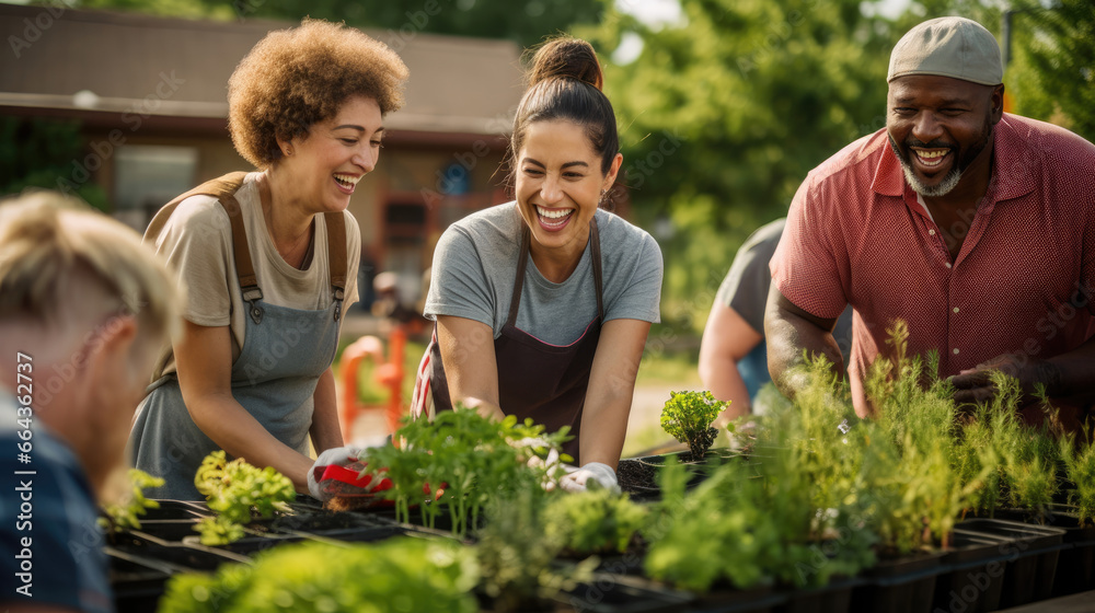 Canvas Prints Neighbors with diverse abilities tend to a vibrant garden.