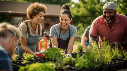 Neighbors with diverse abilities tend to a vibrant garden.