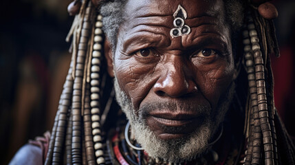 Proud Zulu warrior holds spear in ornate tribal attire. - obrazy, fototapety, plakaty