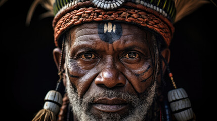 Zulu warrior adorned in ornate attire holds a spear. - obrazy, fototapety, plakaty
