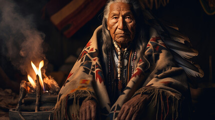 Native American elder stands by a sacred fire.