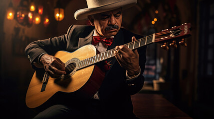 Obraz premium Mexican Mariachi Musician Beats Guitar with Fervor