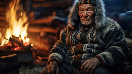 Fototapeta na wymiar Sami Elder Reflects in Cozy Lavvu by Roaring Fire