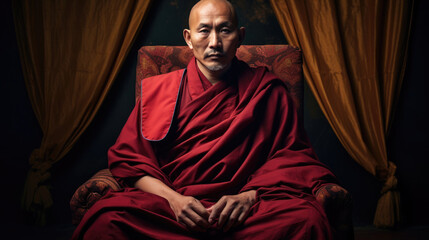 Tibetan Monk in Burgundy Robes Meditates Serenely