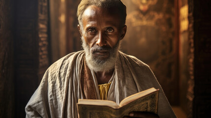 Naklejka premium Proud Ethiopian Priest in Intricate Ecclesiastical Robes