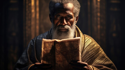 Ethiopian Priest in Intricate Robes with Ancient Script - obrazy, fototapety, plakaty