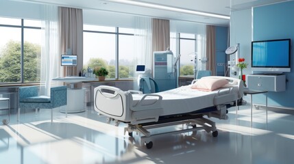 Beds and medical equipment stand out with soothing blue tones in the hospital room.
