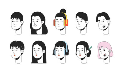 Asian ethnicity young adult 2D linear cartoon character faces set. Modern japanese men isolated line vector heads people white background. Korean stylish women color flat spot illustration collection