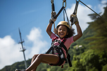 Indian little girl zip lining in the forest