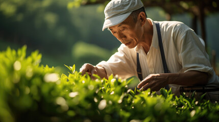 Naklejka na ściany i meble Serene Japanese tea farmer tending to tea leaves reflecting artistry and dedication in their craft