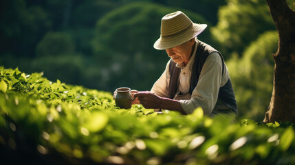 Tea farmer in Japan tending vibrant tea bushes with meticulous care and dedication to their craft