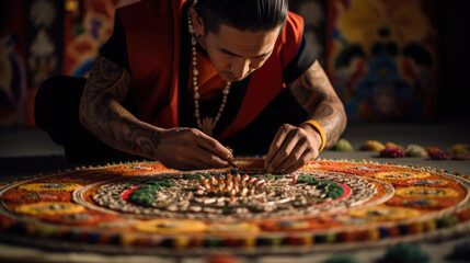 Tibetan artist crafting temporary masterpiece with colored grains in sand mandala
