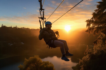 Indian young man zip lining in the forest