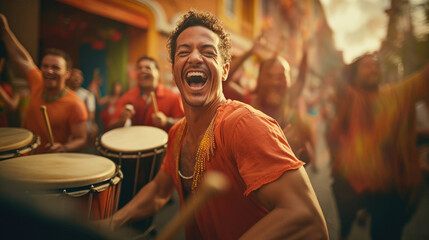 Fototapeta na wymiar Jubilant maracatu drummer from Brazil creating beats resonating with culture