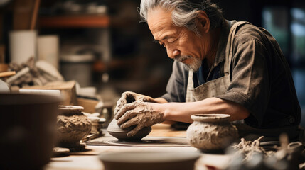 Fototapeta na wymiar Skilled Japanese pottery master shaping clay with precision and artistry