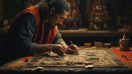 Proud Tibetan thangka painter creating intricate sacred art