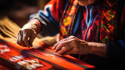 Skilled Peruvian weaver creating intricate tapestry with vibrant threads - obrazy, fototapety, plakaty