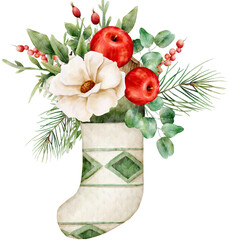 .Watercolor hand drawn christmas compositions. Floral illustration with christmas socks, flowers, pines, eucalypt in traditional bright color palette. - 664364353