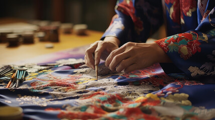 Japanese kimono painter creates intricate designs on silk studio scented with paint.