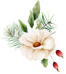Watercolor hand drawn christmas bouquet. Floral arrangement with poinsettia, pines, berries, eucalypt in traditional bright color palette - 664364542
