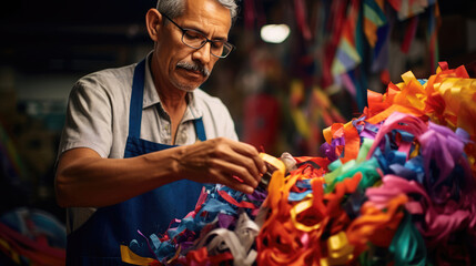 Mexican paper mache artisan crafts vibrant piñata workshop filled with colors and glue scent. - obrazy, fototapety, plakaty
