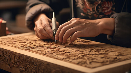 Japanese woodblock printmaker creates ukiyo-e print studio filled with wood and ink scents.