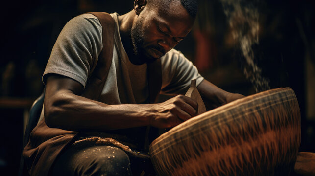 African drum carver crafts Djembe drum workshop filled with rhythmic chisel strikes.