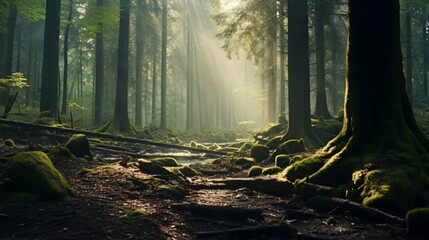 A dense, mist-shrouded forest with towering trees and an air of mystery as sunlight filters through the canopy.