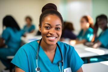 Chica afro americana sonriente estudiante de enfermería. - obrazy, fototapety, plakaty