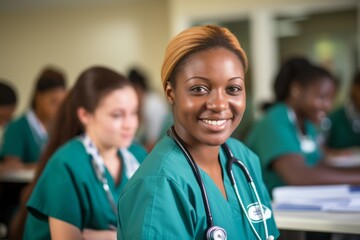 Chica afro americana sonriente estudiante de enfermería. - obrazy, fototapety, plakaty