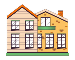 Duplex apartments 2D linear cartoon object. Townhouse residential isolated line vector element white background. Neighborhood suburban. Dwelling exterior. Condo building color flat spot illustration