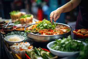 Vietnam's Flavorful Streets: Traditional Street Food, A Close-up Culinary Adventure, from the Fragrant Bowls of Pho to the Delicate Freshness of Spring Rolls, in Bustling Markets.




 - obrazy, fototapety, plakaty