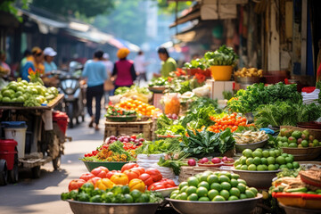 Fototapeta na wymiar Bustling Street Market in Hanoi, Vietnam: A Cultural Experience with Vibrant Vendors and Fresh Produce.