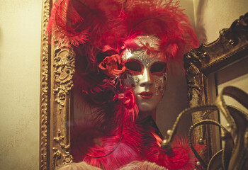 Venetian masks in store display in Venice. Annual carnival in Venice is among the most famous in Europe. symbol of Venice  