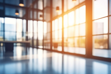 Beautiful blurred background of a light modern office interior with panoramic windows and beautiful lighting
