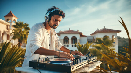 young indian djman playing dj at villa