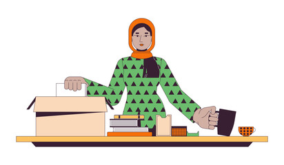 Muslim hijab woman packing personal belongings 2D linear cartoon character. Young adult arab lady unpacking moving isolated line vector person white background. Preparing color flat spot illustration