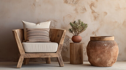 Rustic wooden barrel chair with fabric cushion and root ball wooden end table against venetian stucco wall with sand stone sculpture decor. Minimalist home interior design of modern living room