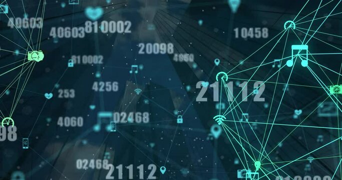 Animation of changing numbers, connected icons forming globe against abstract background