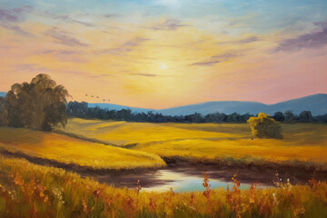 Obraz premium Fields of Radiance: An Oil Painting Capturing the Beauty of a Sunset in the Field