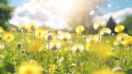 Naklejka premium Dandelions in a meadow in the natural world in the springtime with fluffy, delicate, airy, graceful, and transparent blooms, macro. Spring floral background with copy space and soft focus.
