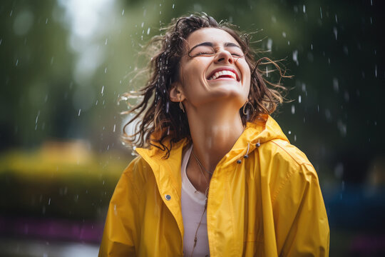 young beautiful woman getting wet in the rain