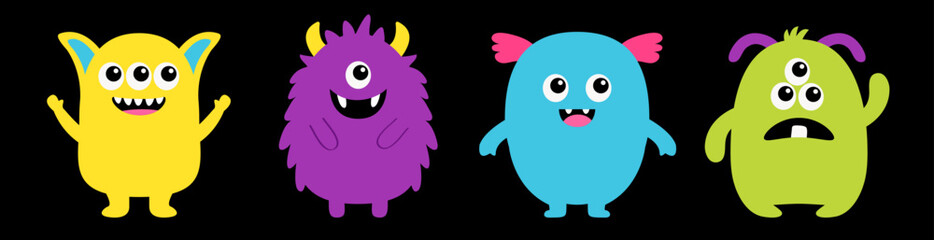 Monster colorful silhouette icon set line. Happy Halloween. Eyes, tooth fang, tongue, horns, hands up. Cute cartoon kawaii scary funny baby character. Isolated. Black background. Flat design.