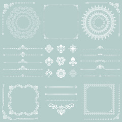 Vintage set of horizontal, square and round elements. Different elements for backgrounds, frames and monograms. Classic light blue and white patterns. Set of patterns