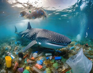 Plastikmüll im Meer, Umweltverschmutzung, Tiere unter Wasser, die im Plastikmüll schwimmen - obrazy, fototapety, plakaty