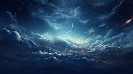 a night sky filled with twinkling stars, a bright moon, and wispy clouds over a silhouette of majestic mountains.