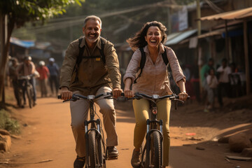 Indian senior couple riding a bicycle