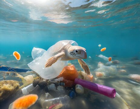 Plastikm&uuml;ll im Meer, Umweltverschmutzung, Tiere unter Wasser, die im Plastikm&uuml;ll schwimmen