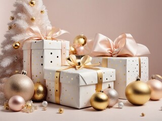 Christmas tree with white presents and gold decoration, award winning fashion magazine cover photo